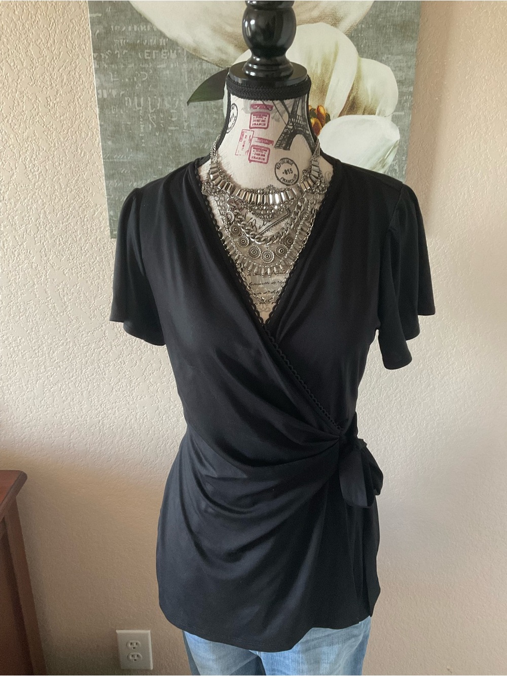 NWT Anne Klein Black Scalloped Wrap Top with Side Tie
